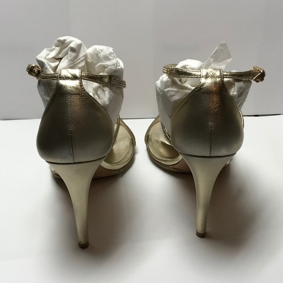 Stuart Weitzman Gold Supple Kid M9.5 Strappy Heals - Picture 5 of 8